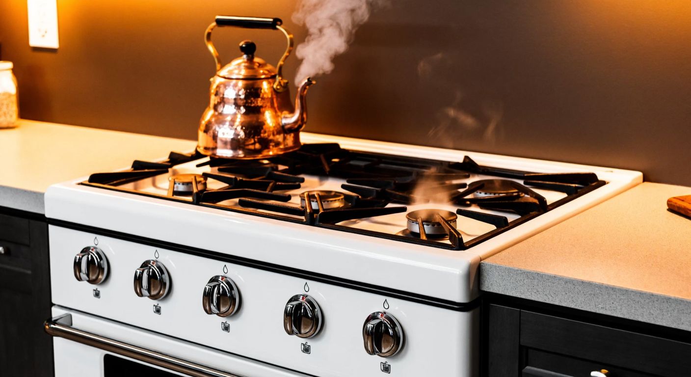 A sleek, white four-burner gas stove with polished metal knobs, placed in a modern Turkish kitchen with warm lighting and a copper tea kettle steaming on one burner.