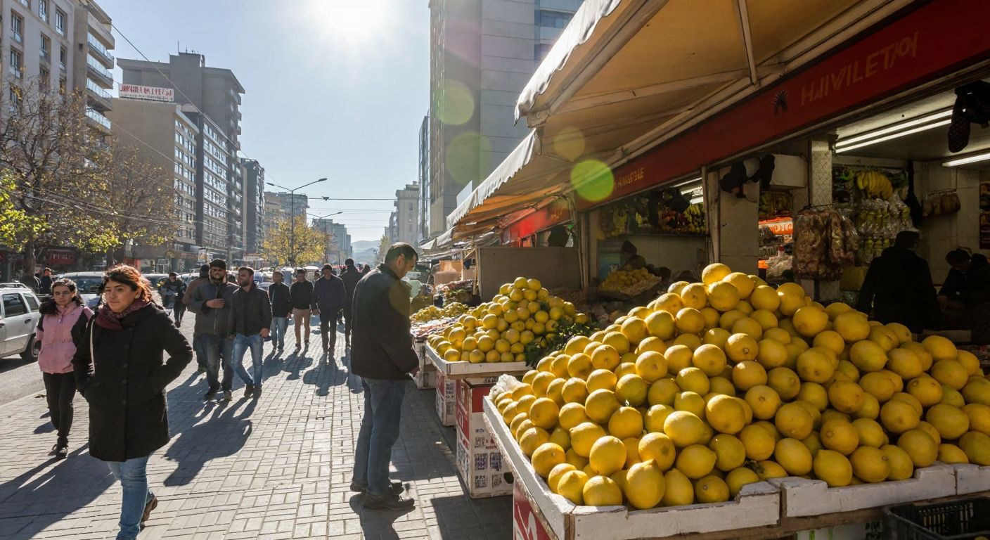 A bustling Ankara street scene in Kızılay, with a vibrant market stall overflowing with fresh lemons, surrounded by pedestrians and the distant silhouette of Yüksel Caddesi's buildings under a bright sun.