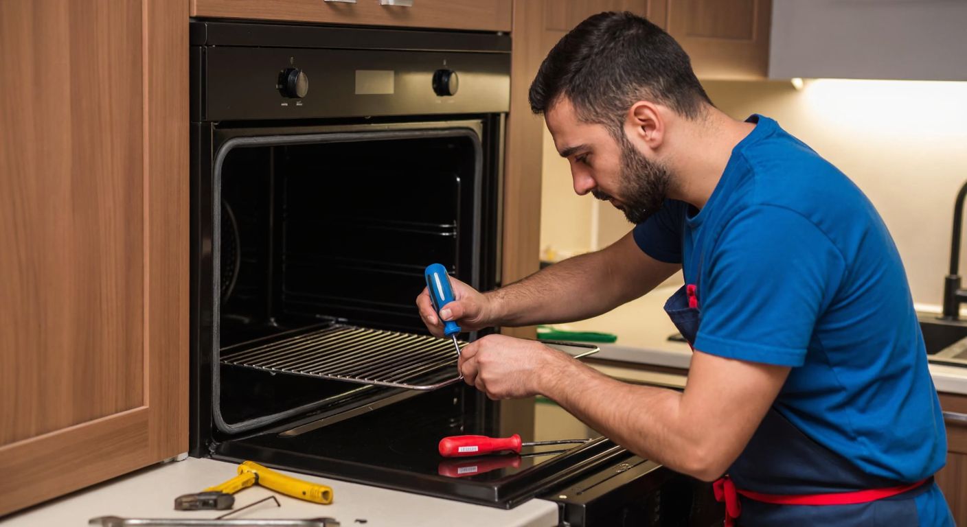 A focused Turkish handyman in a home kitchen carefully unscrews an oven heating element with a screwdriver, surrounded by scattered tools and the oven door open.