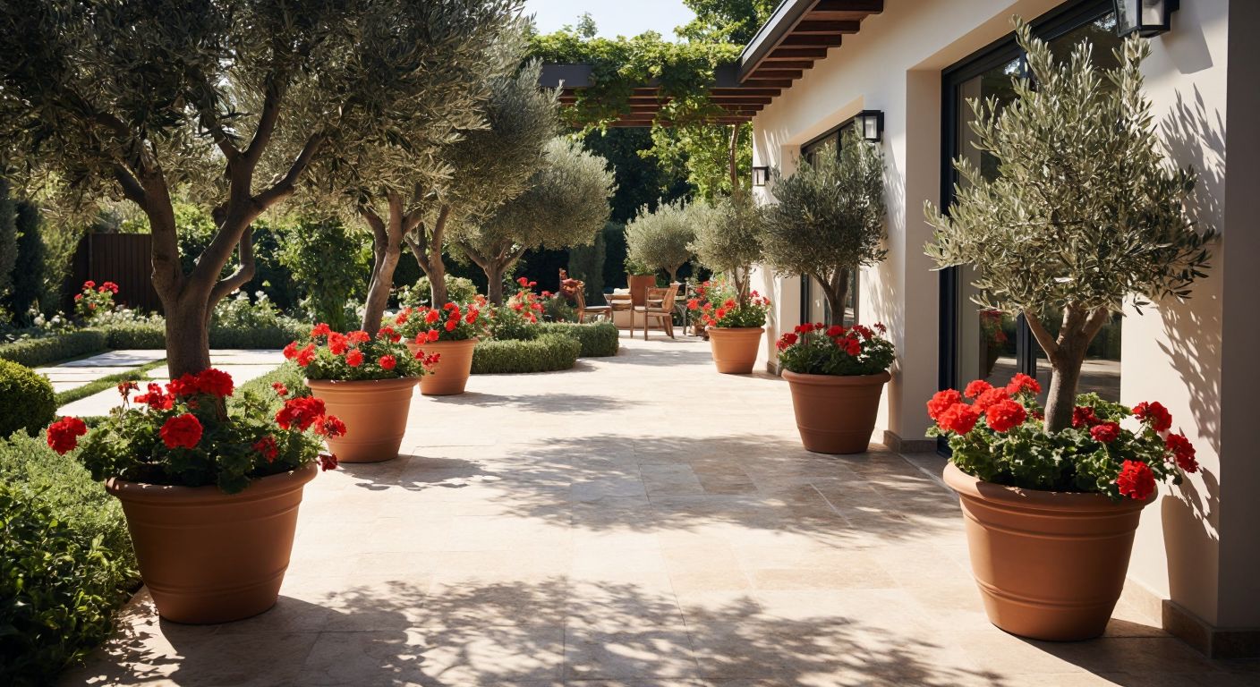 A sunlit Turkish garden patio with smooth, speckled terrazzo tiles underfoot, surrounded by potted olive trees and vibrant red geraniums.