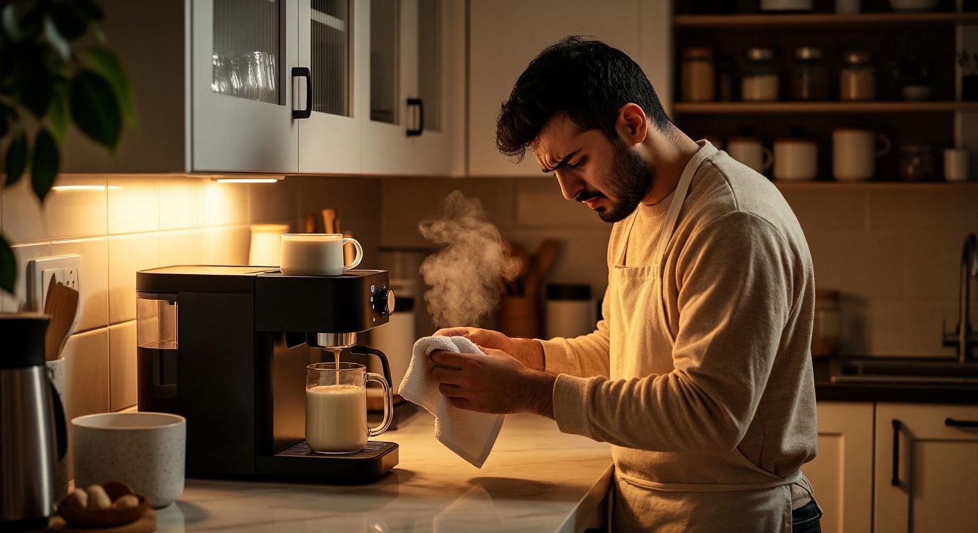 A frustrated Turkish person in a cozy kitchen frowns at a Philips coffee machine steaming milk, while holding a cleaning cloth and checking the water tank.