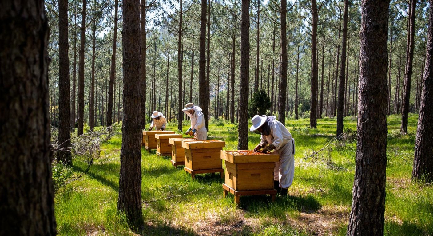 A sunlit pine forest in Muğla’s Milas district, with beekeepers in traditional attire carefully harvesting golden-red honey from wooden hives surrounded by pine trees.