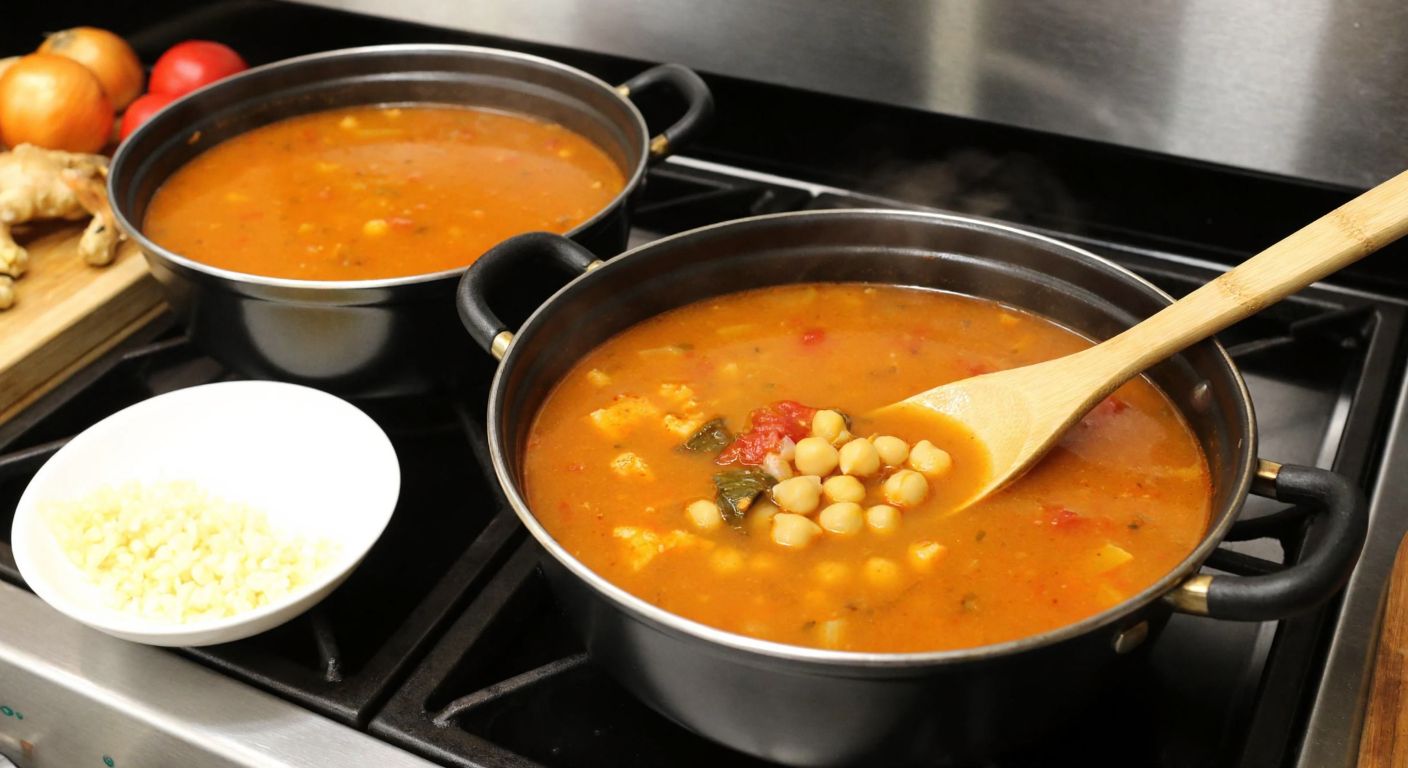 A warm, steaming pot of *avşor çorbası* sits on a stove in a Turkish kitchen, surrounded by fresh ingredients like bulgur, chickpeas, diced beef, and spices, with a wooden spoon resting on the edge of the pot.