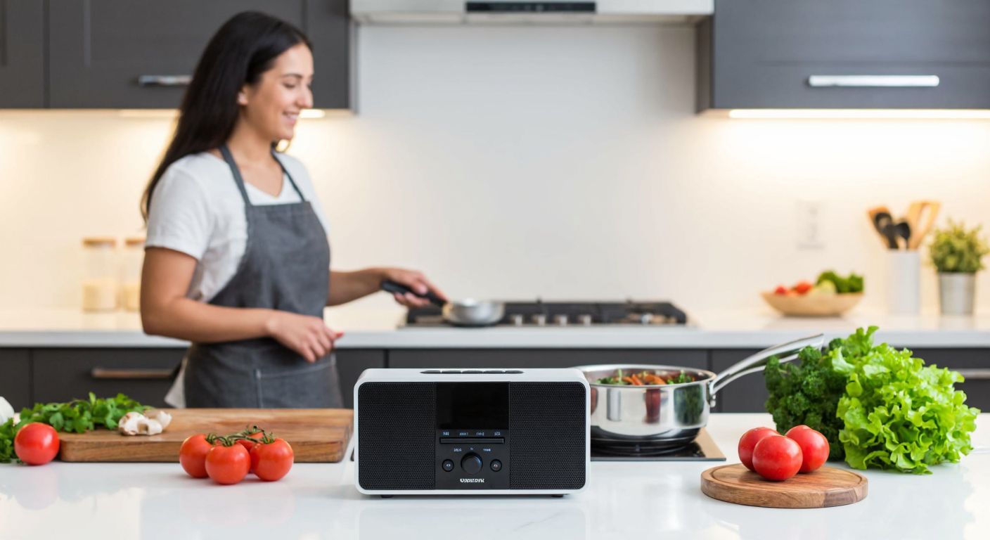 A modern kitchen in Turkey with a sleek, compact radio on the countertop, surrounded by fresh ingredients like tomatoes and herbs, while a smiling woman in an apron stirs a pot on the stove, listening to music.