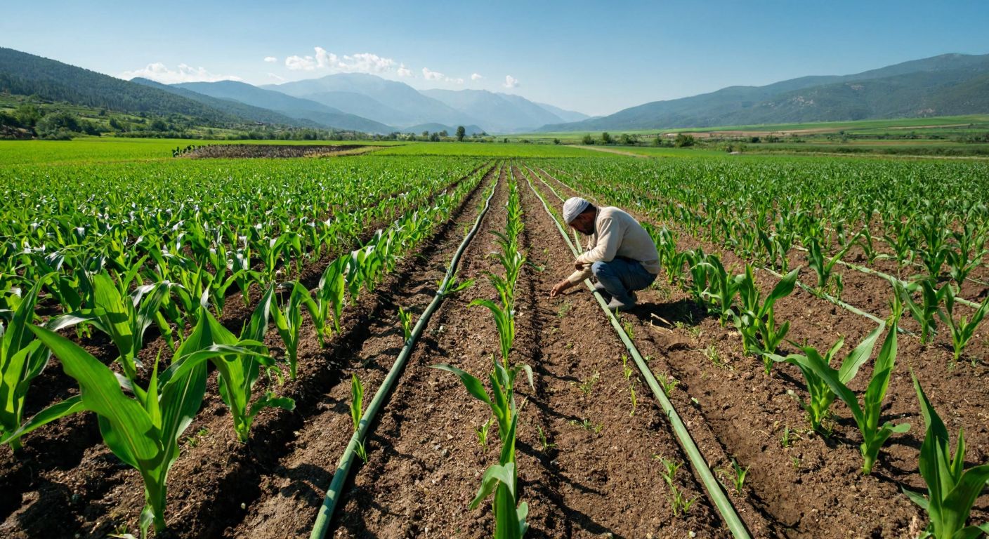 A sunlit Turkish farmland with neatly laid drip irrigation hoses snaking through rows of young corn plants, while a farmer in traditional work clothes kneels to inspect the system.