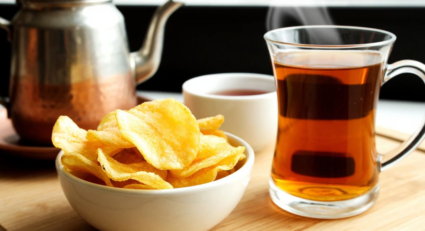 A steaming glass of amber tea beside a bowl of crispy potato chips, placed on a wooden table with a Turkish tea set in the background.
