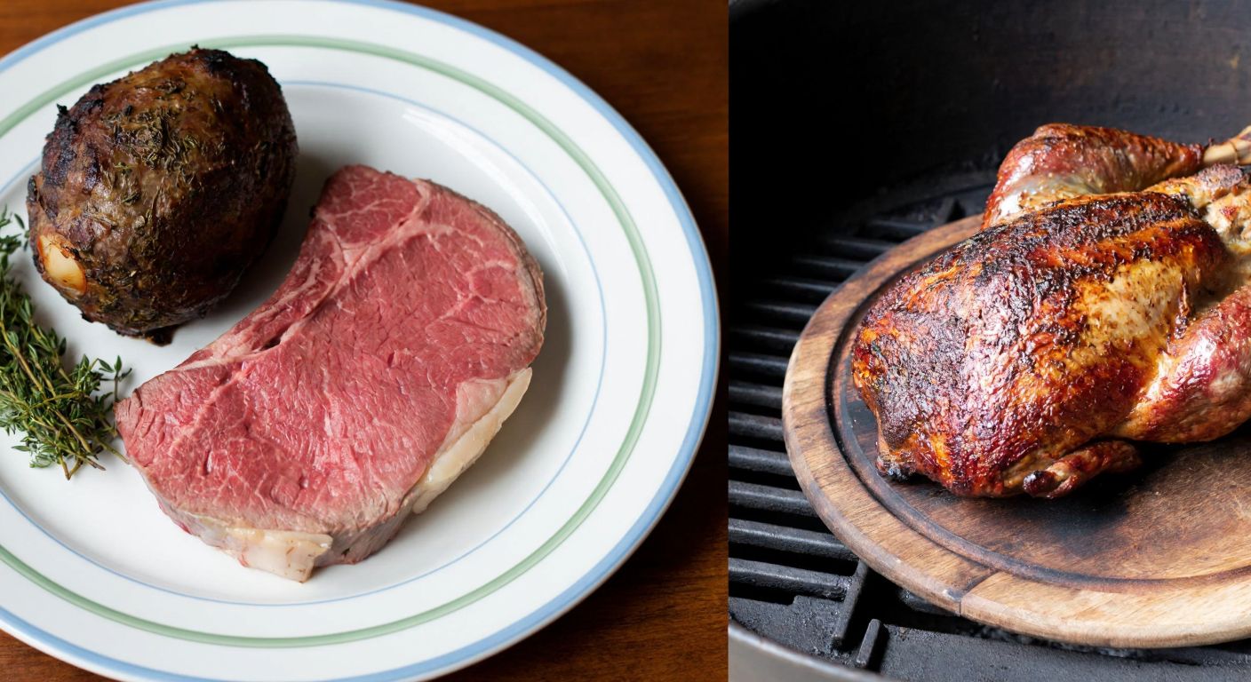 A split image showing a tender, pink beef fillet on a French porcelain plate with herbs on one side, and a whole roasted lamb with crispy skin on a rustic wooden tray beside a deep fire pit on the other, representing the contrast between French *chateaubriand* and Turkish *büryan*.