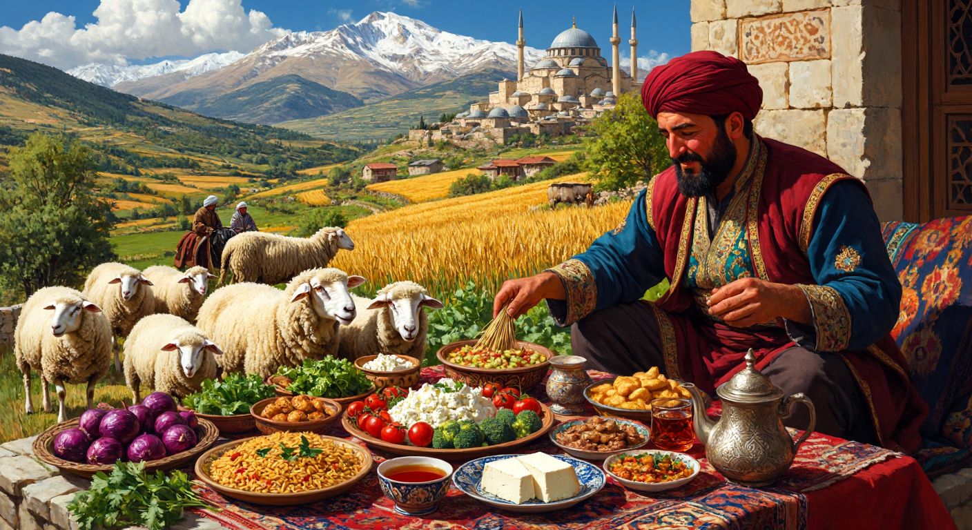 A vibrant, layered scene showing a nomadic Turkic herder with sheep and dairy products, a Seljuk farmer harvesting wheat and vegetables, an Ottoman palace feast with diverse dishes, and a modern Turkish family sharing a meal with tea and Western-influenced foods, all blending seamlessly against Anatolian landscapes.