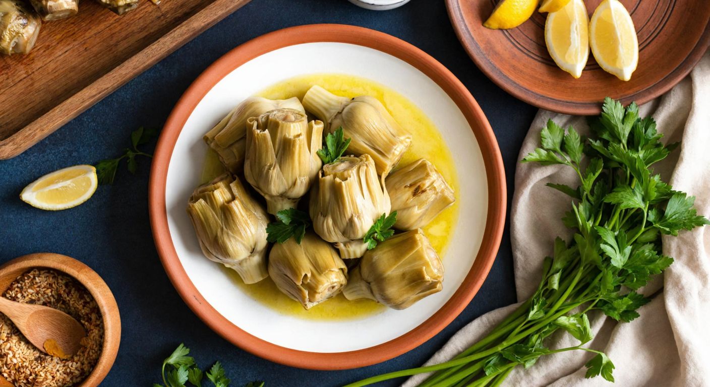 A rustic Turkish kitchen table set with a ceramic plate of olive oil-braised celery root shaped like artichokes, garnished with lemon slices and fresh herbs, evoking a warm, home-cooked meal.