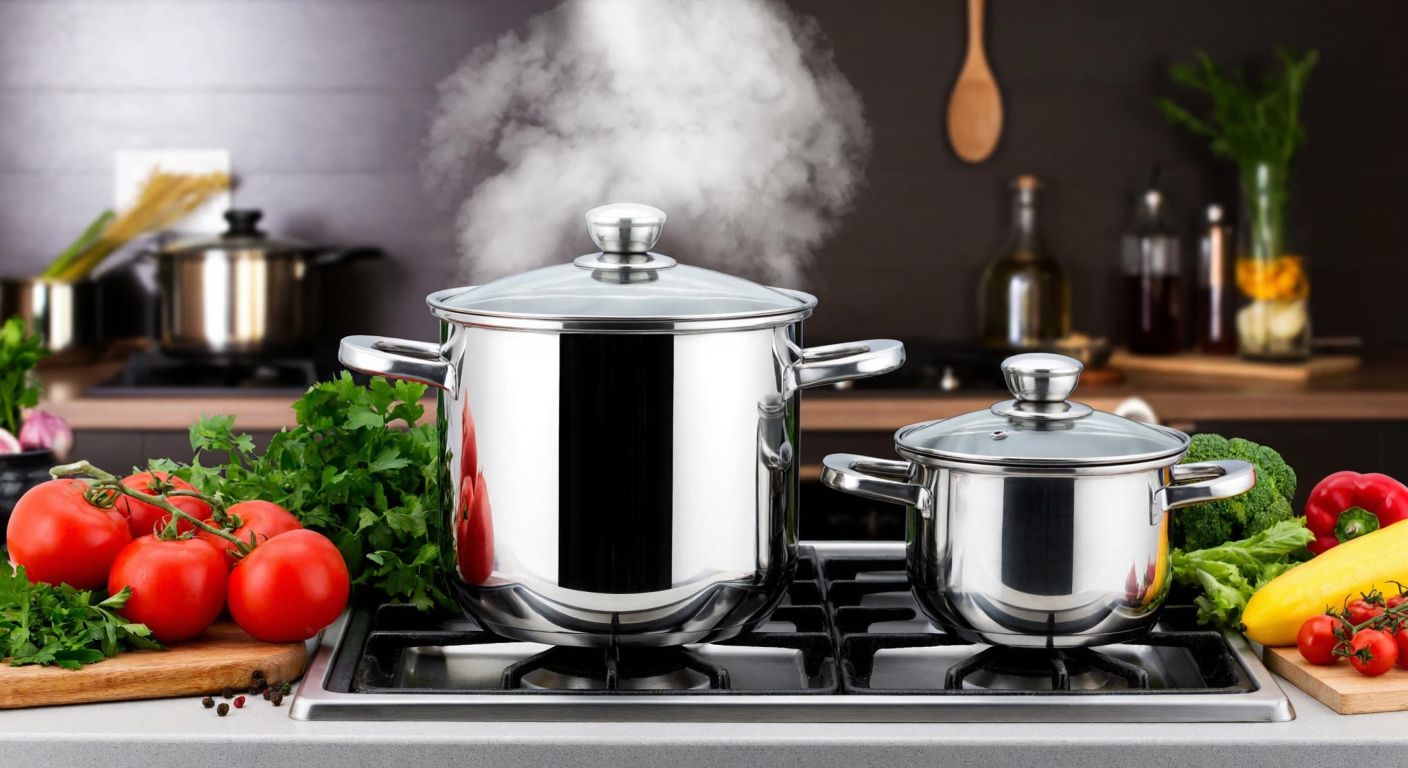 A stainless steel pressure cooker set sits on a stove in a Turkish kitchen, surrounded by fresh vegetables and herbs, with steam rising from the pot, suggesting a meal for a family of four or five.