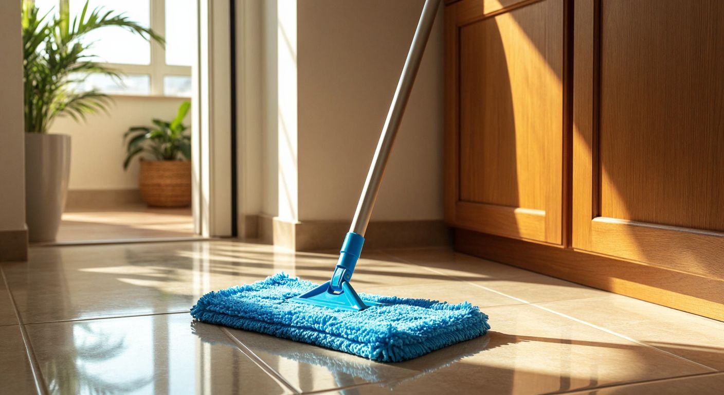 A bright blue triangular microfiber mop gliding smoothly over a tiled floor in a sunlit Turkish home, its flexible head reaching into a corner near a wooden cabinet.