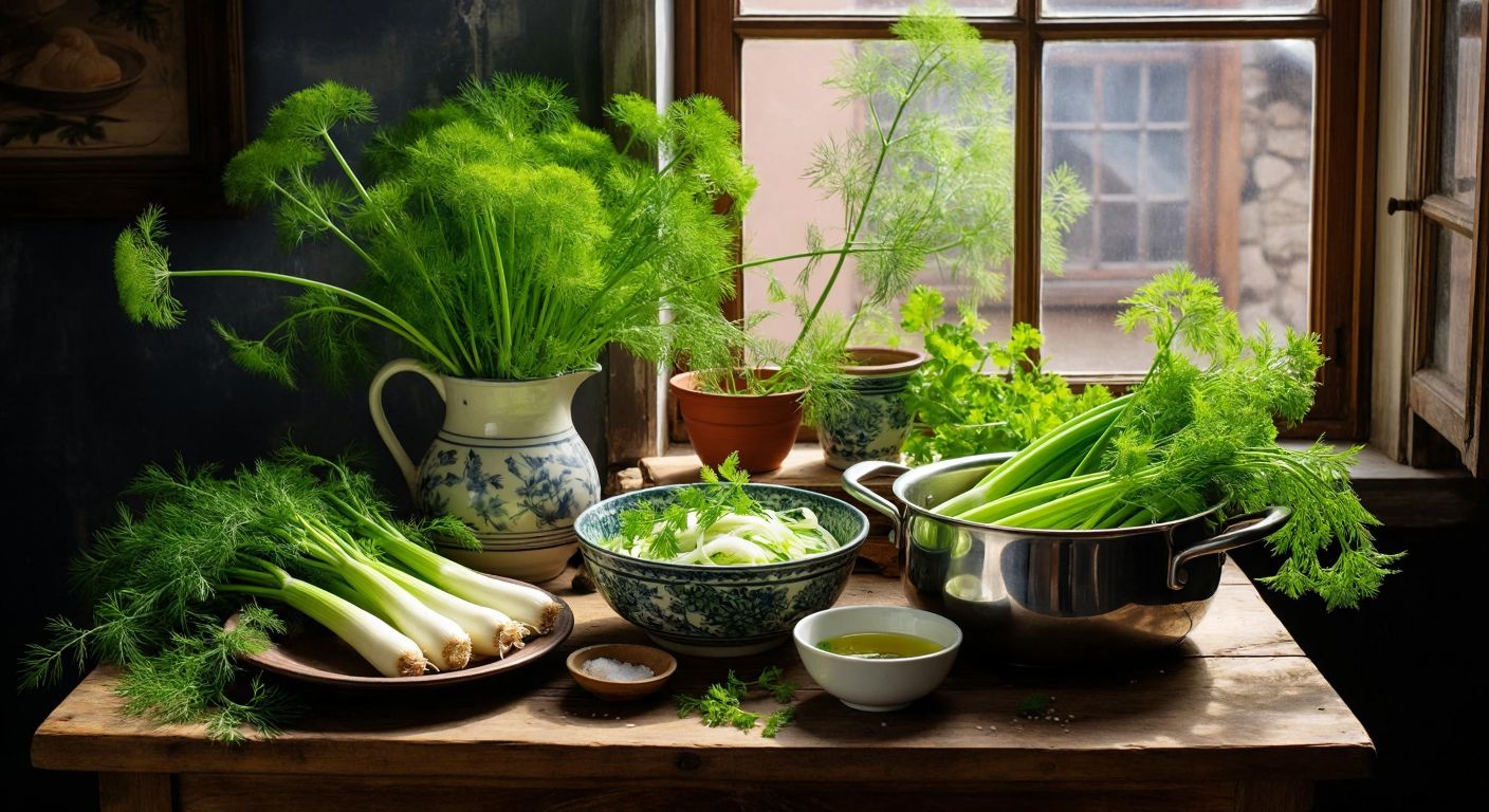 A rustic wooden table in a Turkish kitchen holds fresh fennel stalks with feathery green fronds, a bowl of chopped fennel for salad, a steaming cup of fennel tea, and a simmering pot of soup with fennel pieces.
