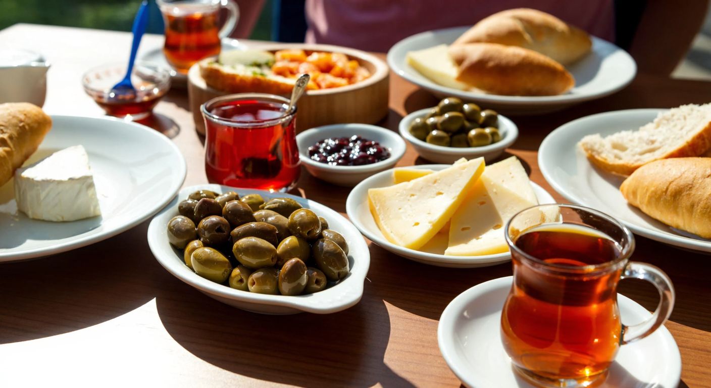 A sunlit Turkish breakfast spread on a wooden table, featuring olives, cheese, honey, fresh bread, and tea, with a warm, festive atmosphere.