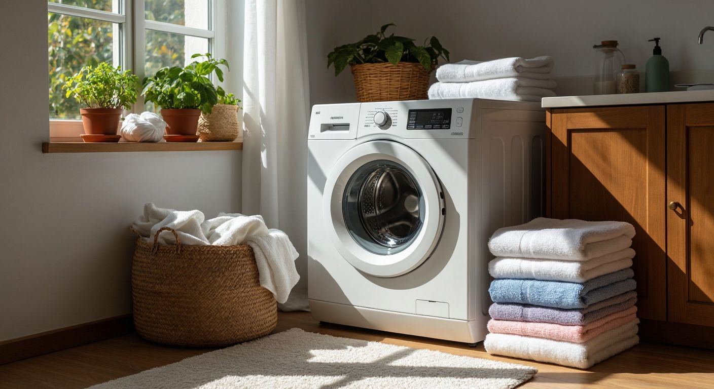 A modern white washing machine in a sunlit Turkish laundry room, with neatly folded piles of cotton, synthetic, and wool fabrics beside it, ready to be washed.
