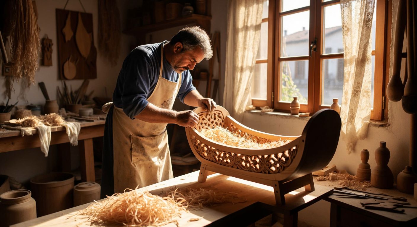 A skilled craftsman in a sunlit Turkish workshop carefully carves smooth wooden panels for a handmade cradle, surrounded by fragrant cedar shavings and delicate floral motifs.