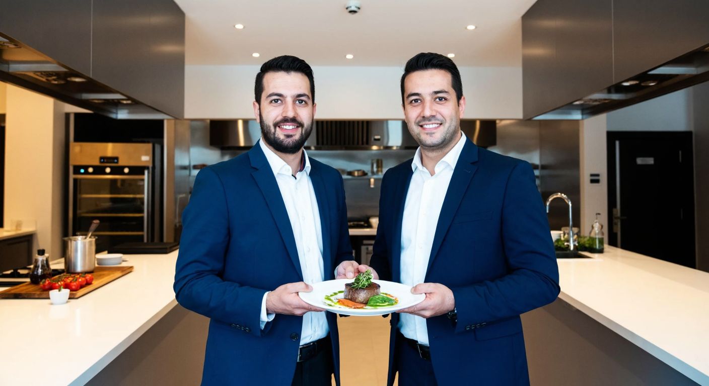 Two well-dressed Turkish men, A. Erhan Erdirik and Barış Kaya, stand proudly in a sleek, modern restaurant kitchen, one holding a plate of elegantly plated gourmet food while the other gestures warmly toward the dining area.