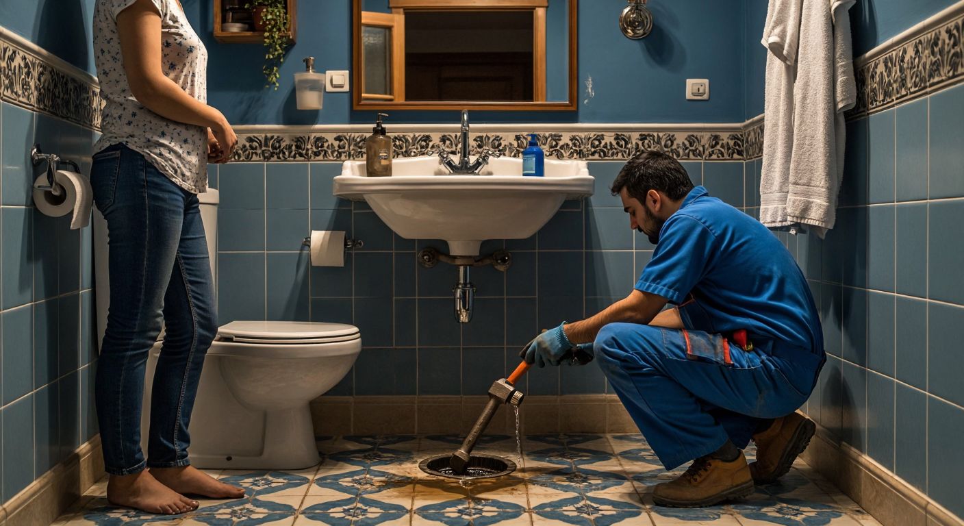 A lone plumber in a blue work uniform kneels in a Turkish home’s bathroom, tightening a wrench around a leaking pipe under a sink, while a concerned homeowner in casual clothing watches closely.
