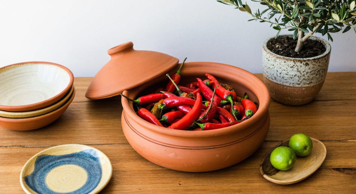 A rustic terracotta Anka çömleği sits on a wooden table, filled with vibrant red peppers and fresh herbs, surrounded by handcrafted ceramic plates and a small olive tree in a matching pot.