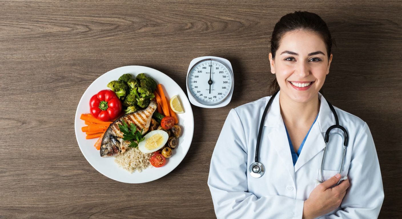 A Turkish nutritionist in a white coat smiles warmly while holding a balanced plate of colorful Mediterranean vegetables, grilled fish, and whole grains, with a scale and measuring tape placed neatly beside it on a wooden table.