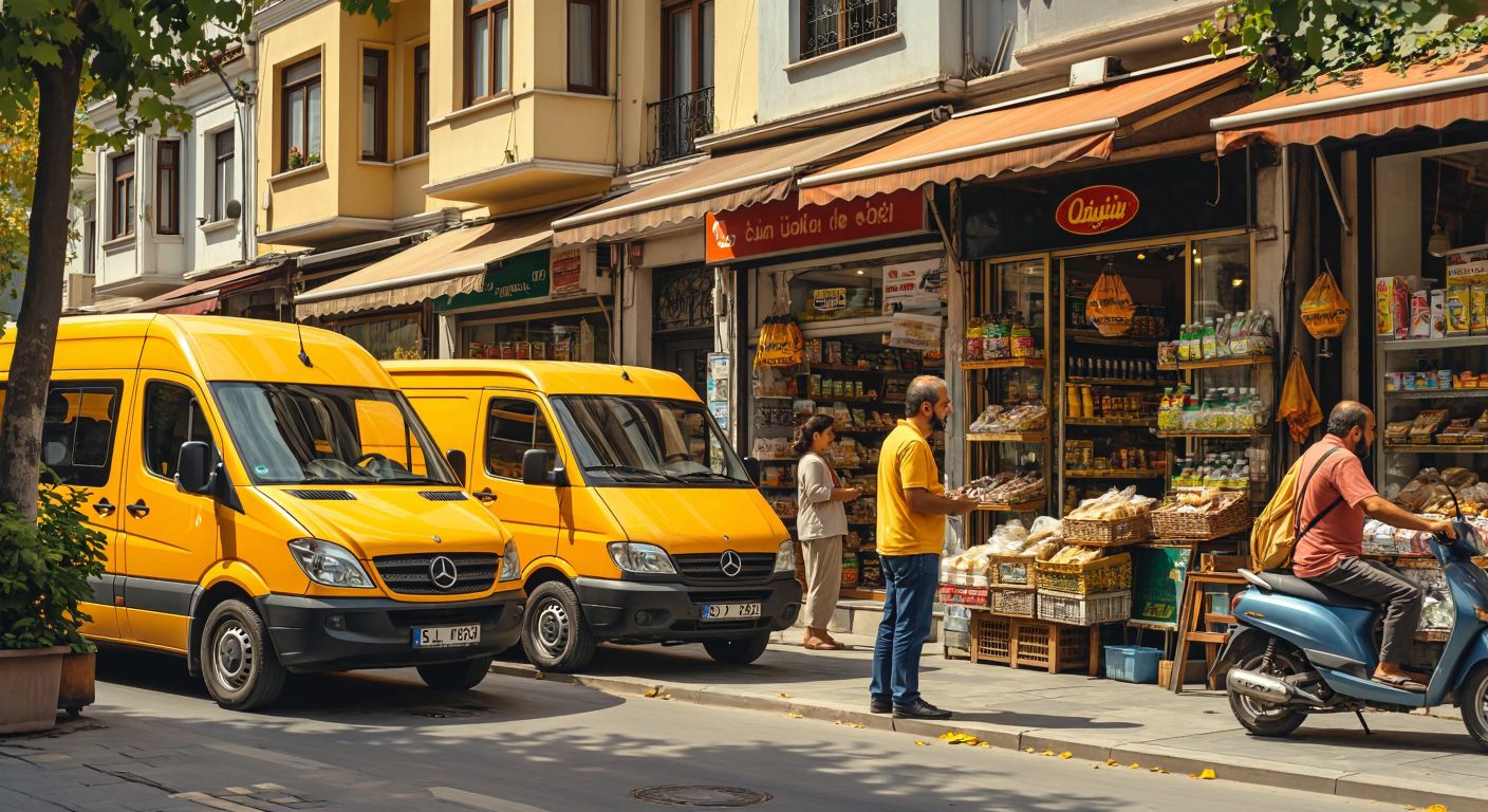 A busy Turkish street scene with delivery vans from different courier companies parked outside small shops, while a curious customer in casual attire asks a shopkeeper for information.
