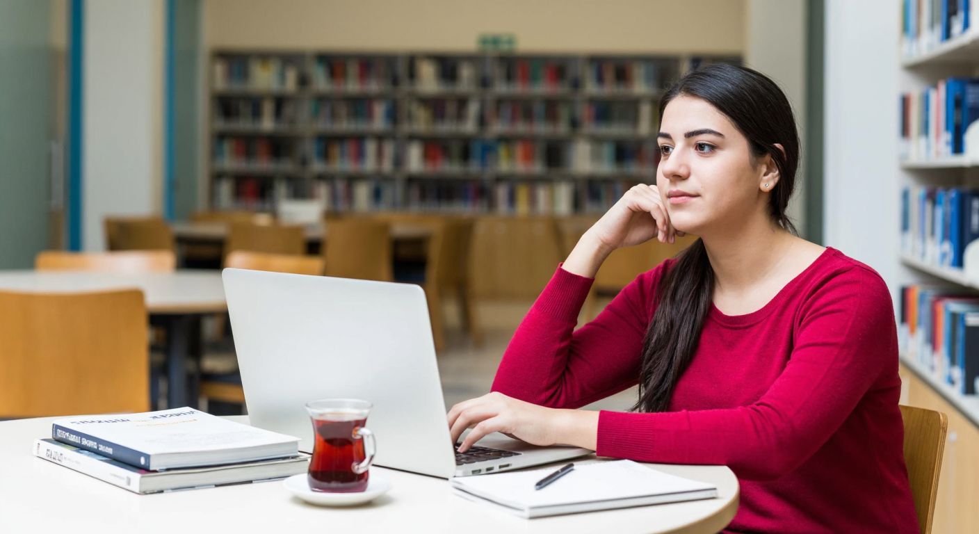 A young Turkish student in a university library, looking hopeful while browsing a laptop with engineering textbooks and a steaming cup of çay on the table.