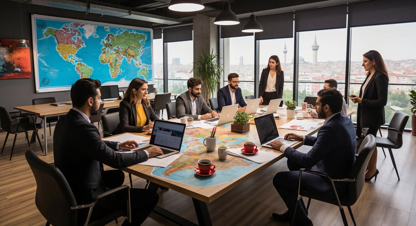 A vibrant, modern office in Istanbul with diverse professionals collaborating around a large table covered with global market maps, Turkish coffee cups, and sleek laptops, exuding energy and international business synergy.