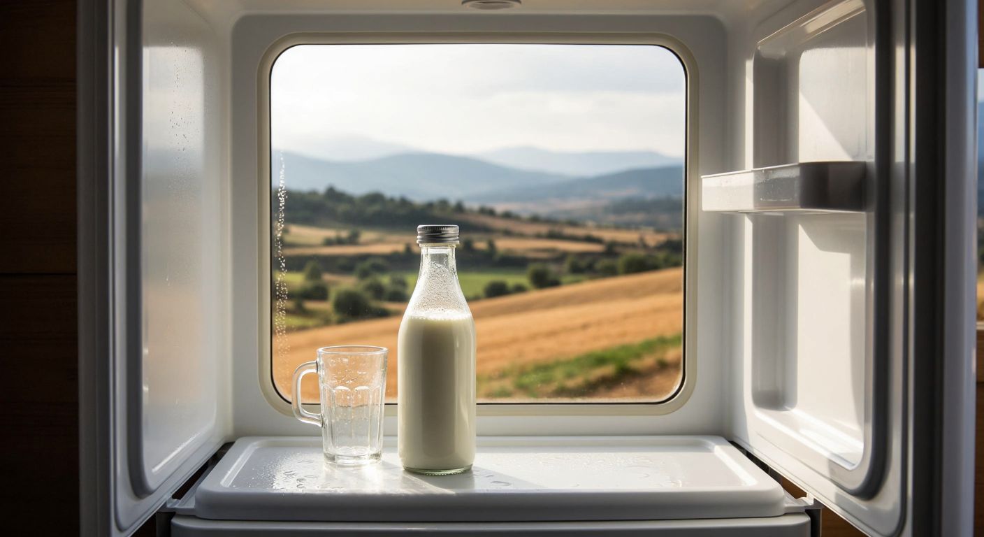 A glass bottle of fresh milk sits inside a gleaming white refrigerator, surrounded by frosty condensation, with a Turkish countryside landscape visible through a nearby window.