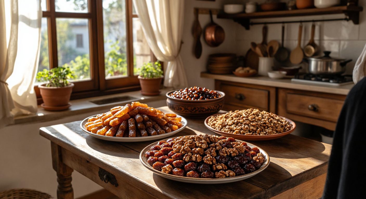 A rustic wooden table in a sunlit Turkish kitchen holds two plates—one with Elazığ's golden-brown *orcik* and the other with Malatya's glossy *köme*, both studded with walnuts, while hands gesture warmly in debate over their merits.