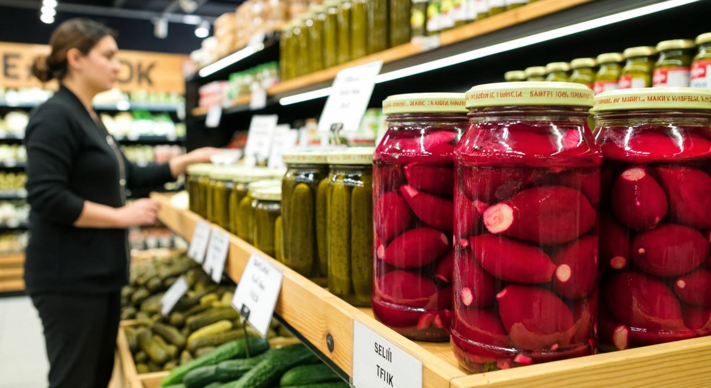 A vibrant display of Bim's pickle jars, featuring a glass jar of **Fıçı Markalı Kornişon Salatalık Turşusu** (small gherkins in brine) and a jar of **Melis Pancar Turşusu** (bright red beet pickles) on a wooden market shelf, with a Turkish shopper in casual attire curiously examining them.