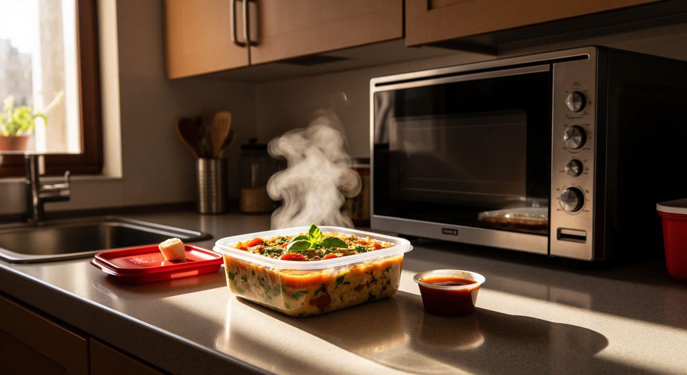 A Turkish kitchen counter with a microwave door slightly ajar, steam rising from a colorful plastic container of ready-made meze (like hummus or eggplant salad), a small sauce cup set aside, and a discarded strip label nearby.