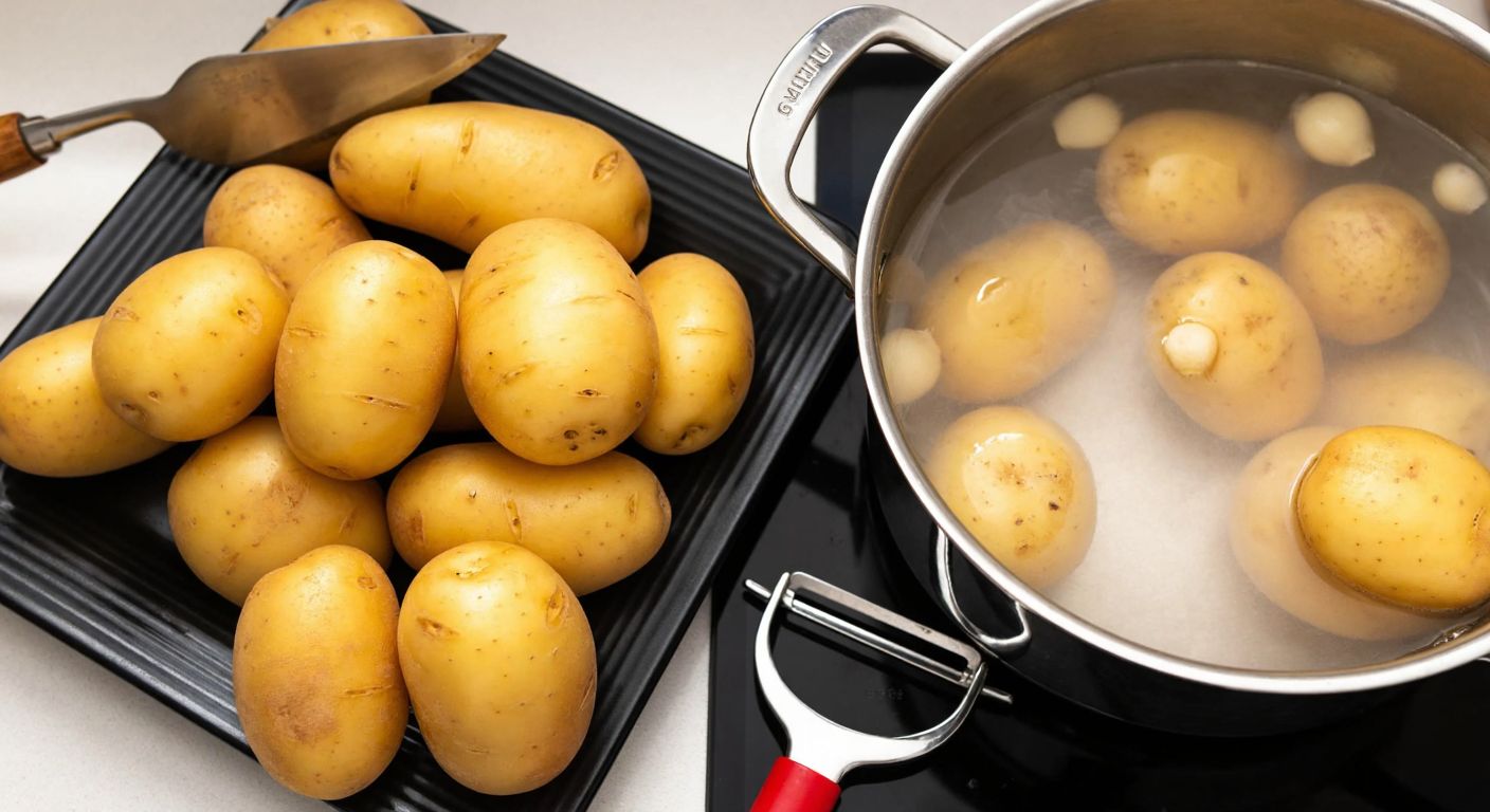 A Turkish kitchen counter with a pile of freshly peeled potatoes, a peeler resting beside them, and a steaming pot of water with a few unpeeled potatoes floating inside, reflecting efficient peeling methods.