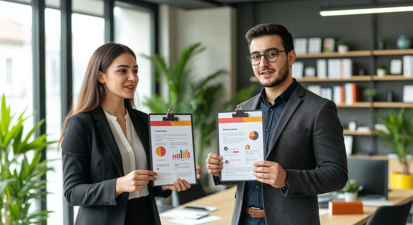A young professional in a modern Turkish office setting holds up three distinct CV examples—a sleek minimalist one, a colorful infographic, and a creative vector-style design—while confidently explaining their features to an attentive colleague.