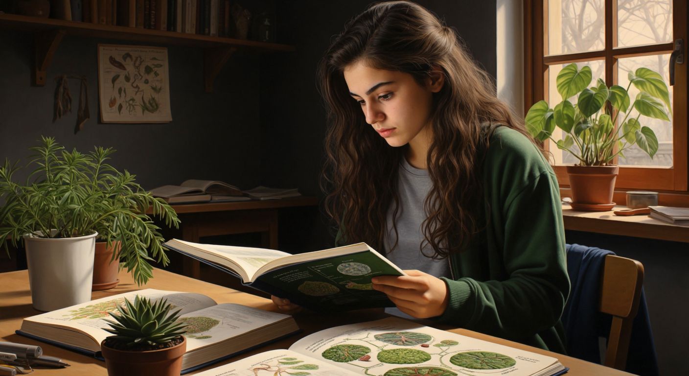A focused Turkish high school student in a classroom examines a biology textbook with diagrams of DNA, plants, and energy cycles, surrounded by notes and a potted plant on the desk.