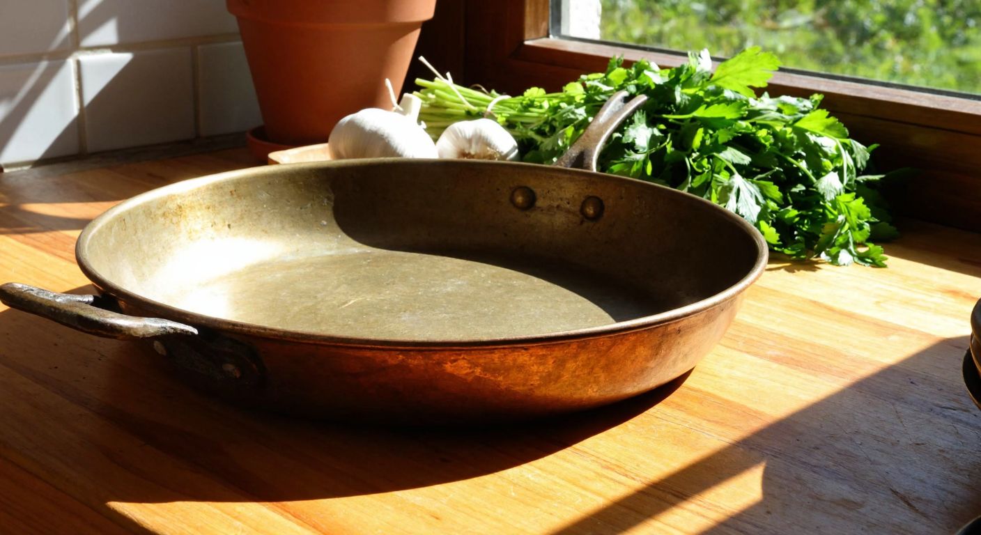 A rustic, weathered bronze pan resting on a wooden table in a sunlit Turkish kitchen, surrounded by fresh herbs and vegetables, evoking curiosity and nostalgia.