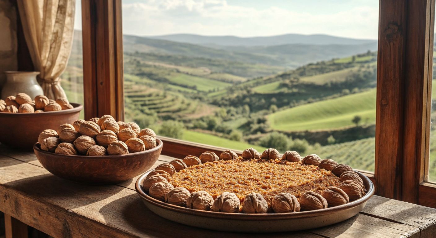 A rustic wooden table in a sunlit Turkish kitchen holds a bowl of fresh Burdur walnuts next to a golden-brown tray of finely textured walnut paste dessert, with rolling green hills visible through the window.