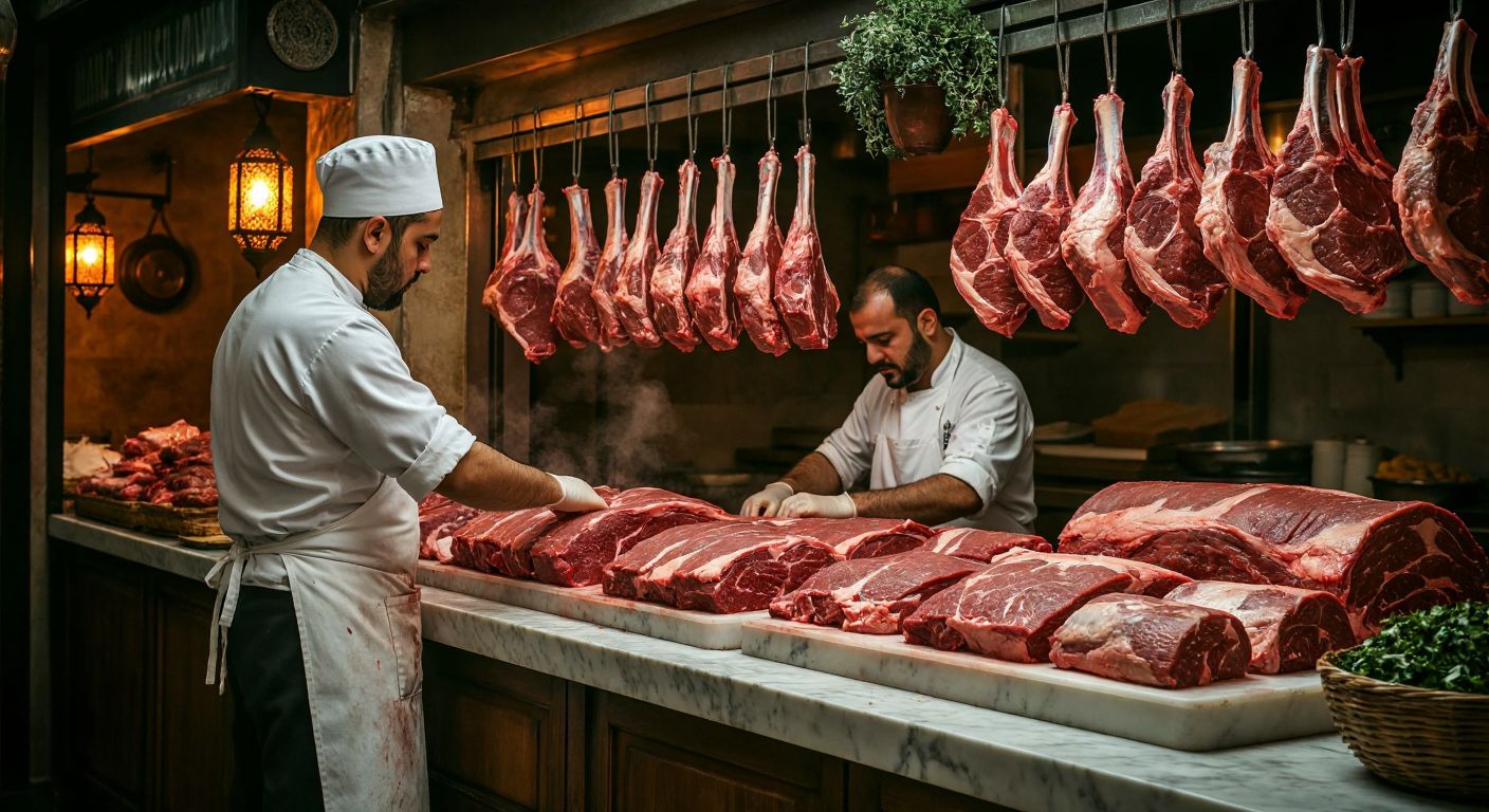 A rustic Turkish butcher shop with fresh cuts of beef and lamb displayed on a marble counter, a skilled butcher in a white apron carefully layering the meat for döner, surrounded by the warm glow of traditional lanterns.
