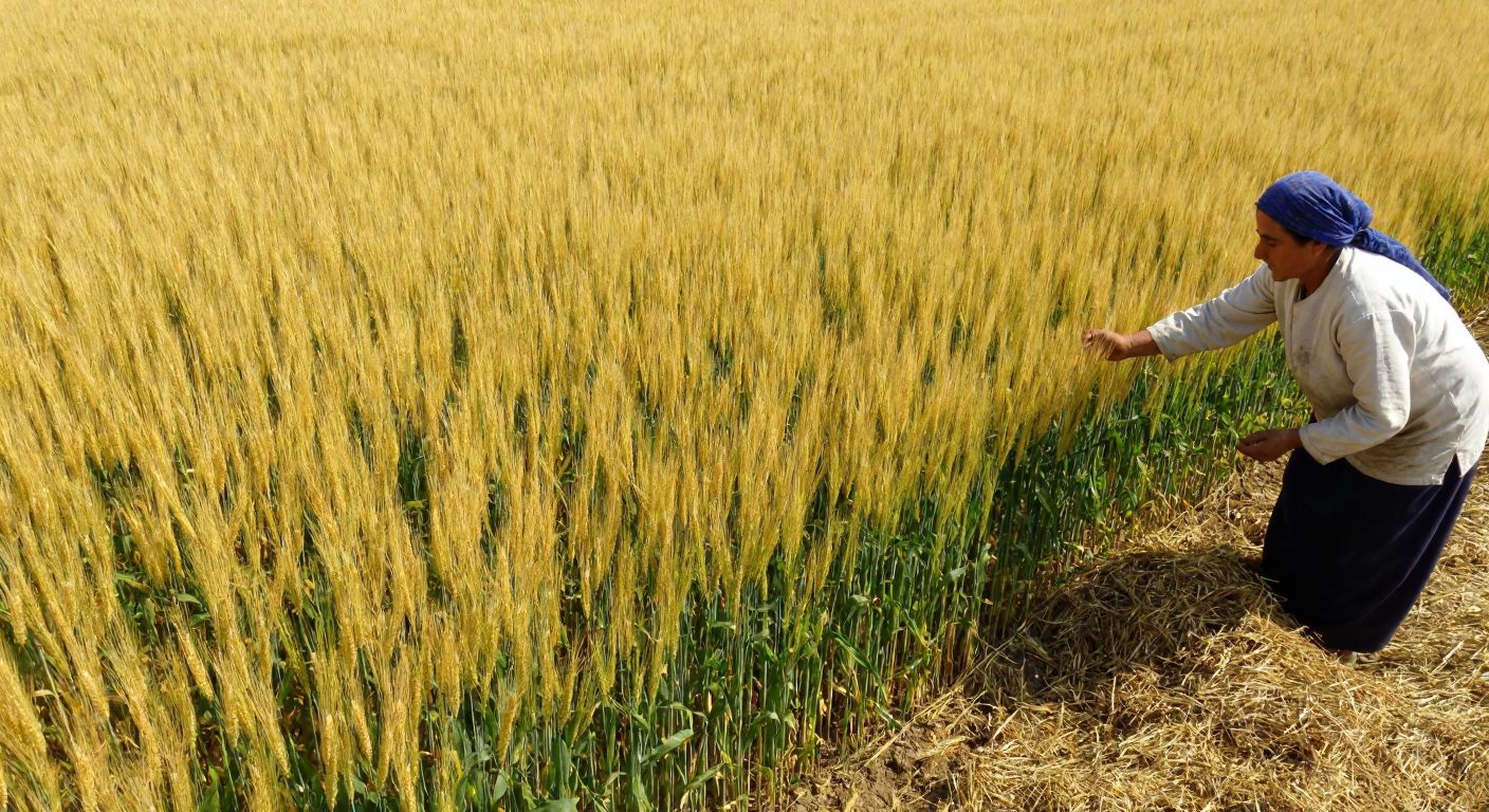 A golden field of Karakılçık wheat swaying under the Turkish sun, its dense stalks contrasting with a smaller patch of Siyez wheat nearby, while a farmer in traditional clothing examines the grains with curiosity.