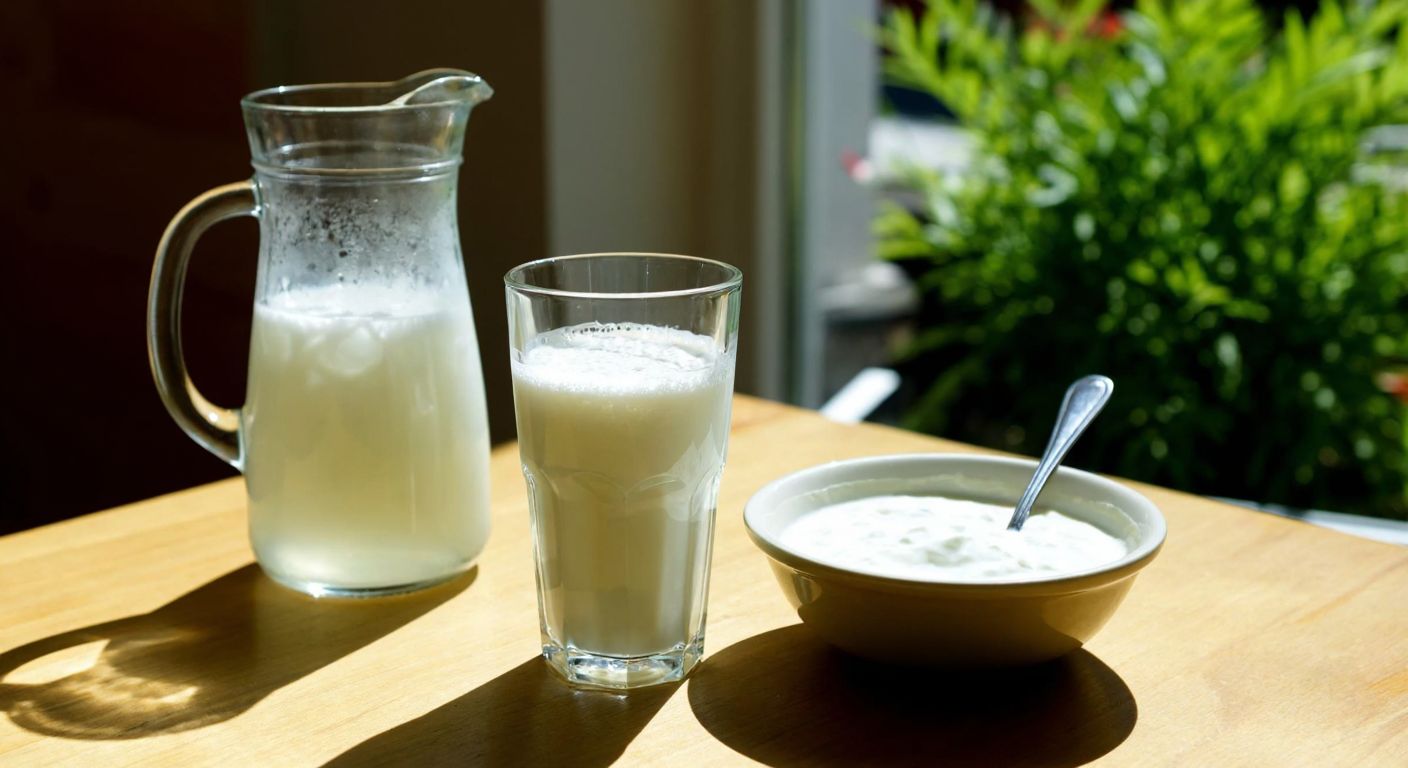 A glass of frothy ayran sits on a sunlit wooden table beside a bowl of fresh yogurt, with a pitcher of cool water nearby, evoking the refreshing simplicity of this traditional Turkish drink.