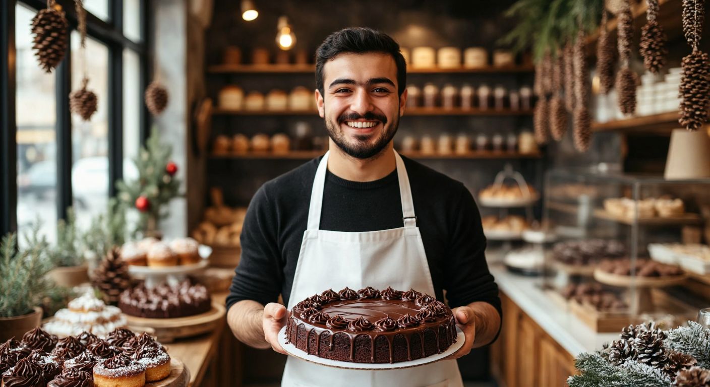 A cheerful Turkish baker in a white apron proudly presenting a freshly baked, golden-brown chocolate cake topped with melted chocolate drizzle, surrounded by festive decorations in a cozy bakery.