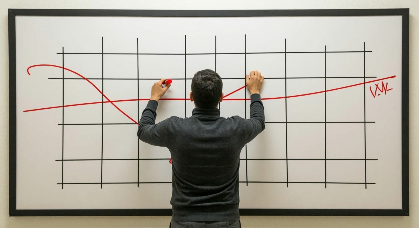 A determined Turkish person stands in front of a large wall-mounted poster with a grid of empty squares, gripping a red marker while visualizing a chain of connected X marks forming a streak of progress.