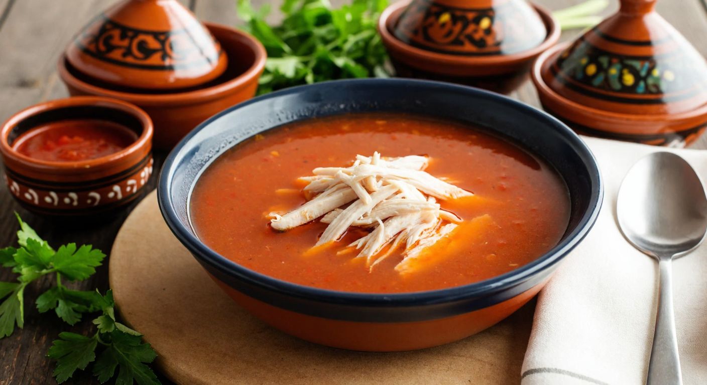 A steaming bowl of thick arabaşı soup with shredded chicken, surrounded by traditional Turkish ceramic bowls and fresh herbs on a rustic wooden table.