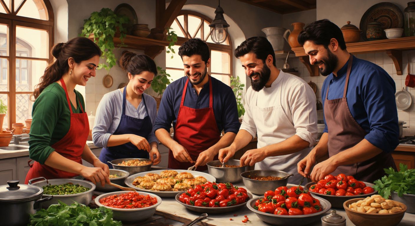 A group of diverse Turkish people in a bright kitchen, smiling as they prepare fresh, colorful local dishes like stuffed peppers and baklava, with a calendar page subtly showing December in the background.