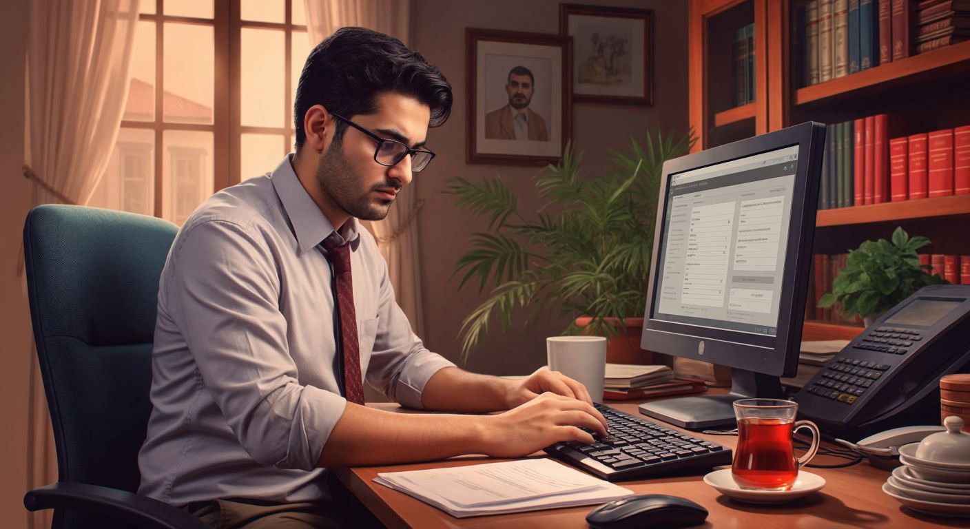 A focused Turkish accountant in a modest office, wearing glasses and a button-up shirt, carefully clicks a mouse while viewing a computer screen displaying a tax form, with a steaming cup of Turkish tea beside the keyboard.