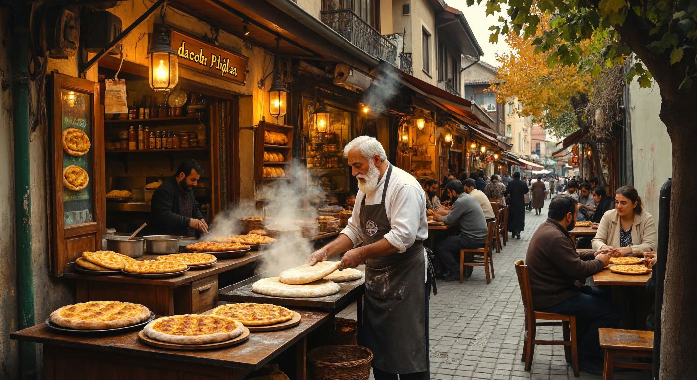 A bustling street in Adapazarı with an old, warmly lit pide shop, where a white-bearded man in an apron kneads dough behind a counter, surrounded by steaming trays of golden pide and locals chatting at wooden tables.