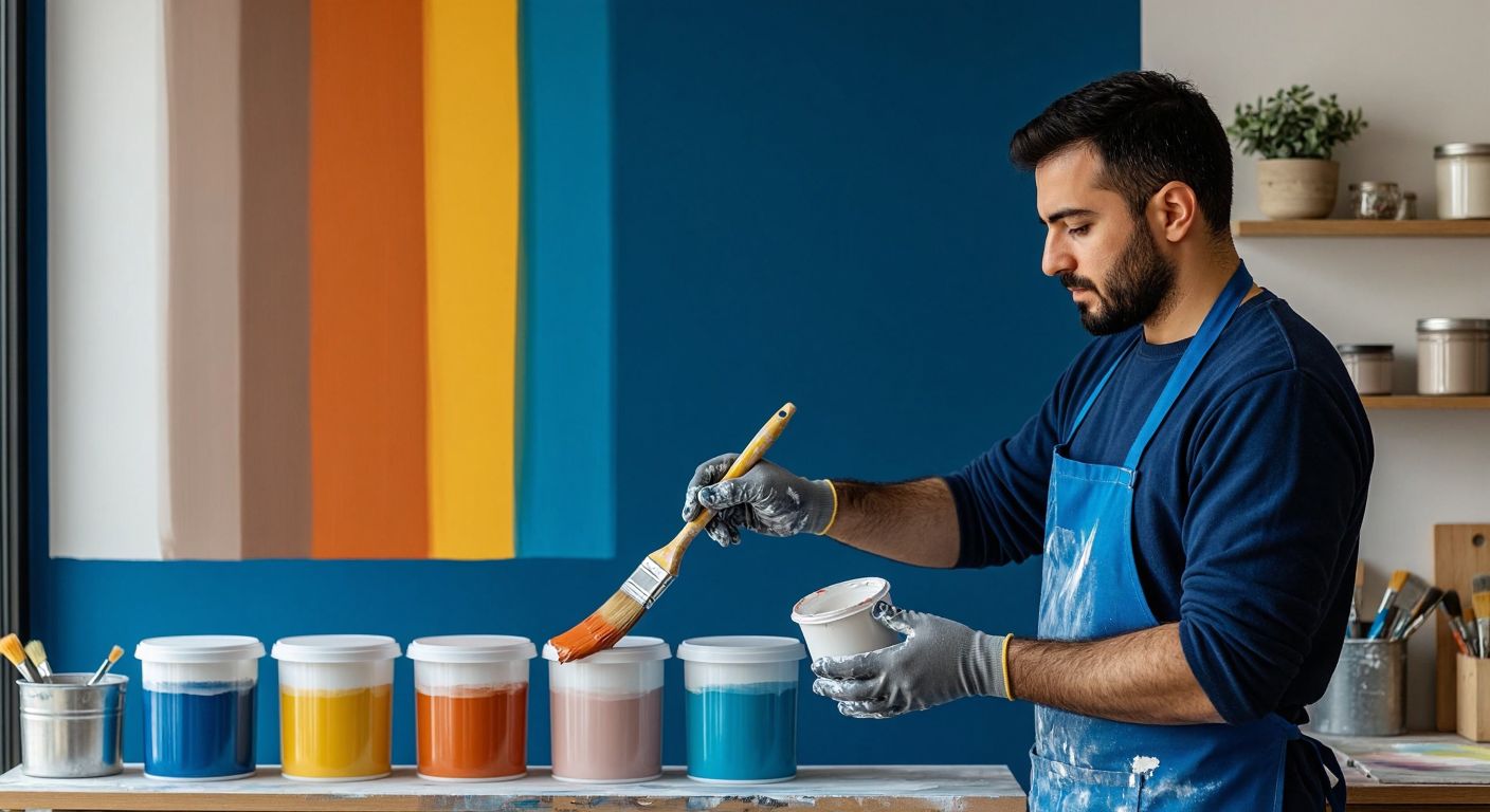 A Turkish painter in a blue apron carefully applies silky matte paint to a smooth interior wall, surrounded by sample pots of various textured Filli Boya paints.