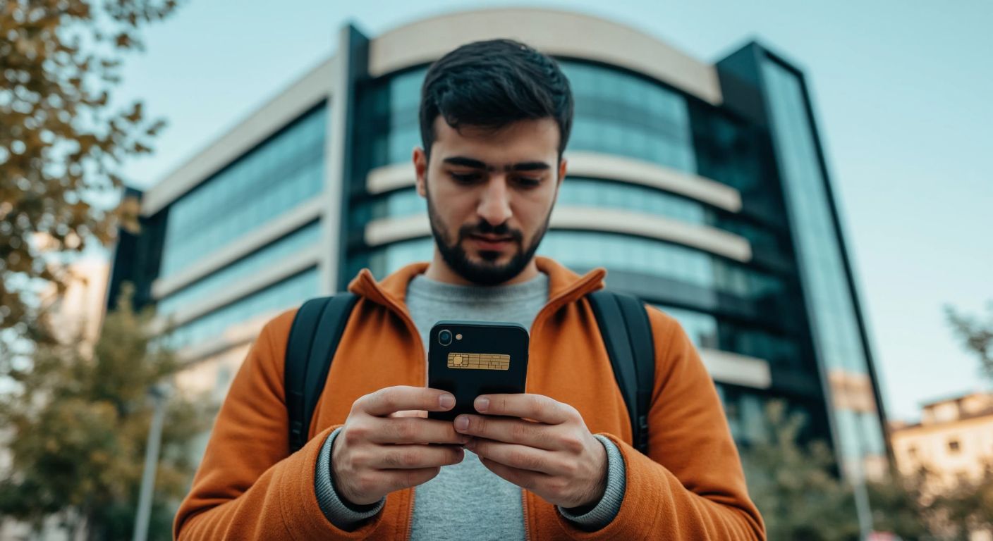 A person in Turkey holding a mobile phone with a credit card in their other hand, looking focused as they compose an SMS against a backdrop of a modern bank building.