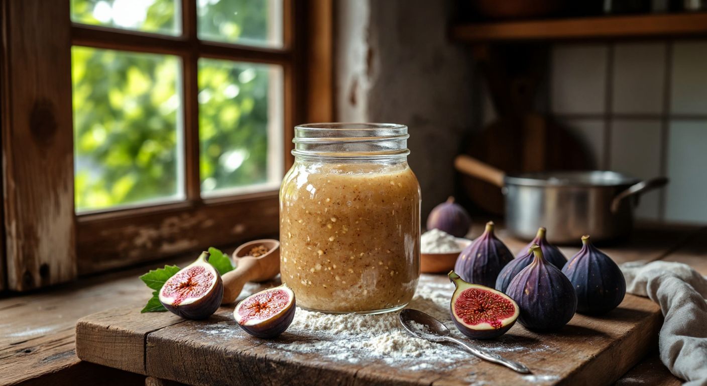 A rustic wooden table in a sunlit Turkish kitchen holds a glass jar filled with bubbling masa madre, surrounded by scattered flour, a wooden spoon, and fresh figs.