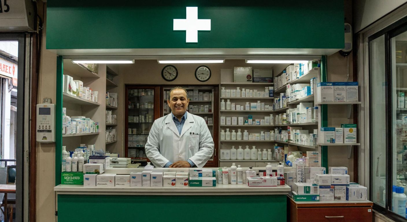 A small, well-lit pharmacy with a green cross sign in a bustling Istanbul neighborhood, featuring a middle-aged male pharmacist in a white coat smiling behind a counter lined with medicine boxes.
