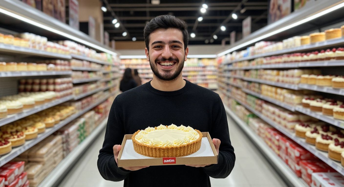 A cheerful Turkish shopper holding a **Ma Sante** cheesecake box with a golden crust and creamy topping, standing in the bright aisle of a **BİM** supermarket.