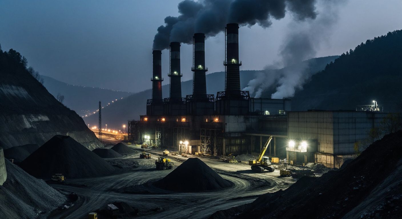 A dimly lit coal power plant in Zonguldak with idle smokestacks, piles of unused coal, and weary workers in hard hats standing outside the silent facility.